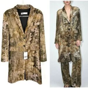 Zara Womens Velvet Textured Coat In Brown & Gold - XS